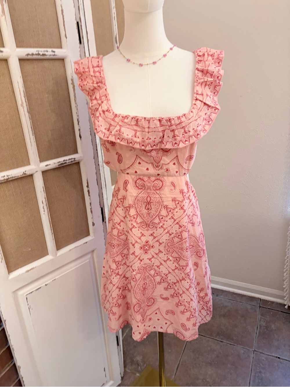 Altar'd State Paisley Ruffled Mini Dress M Pink Boho Coastal NWT